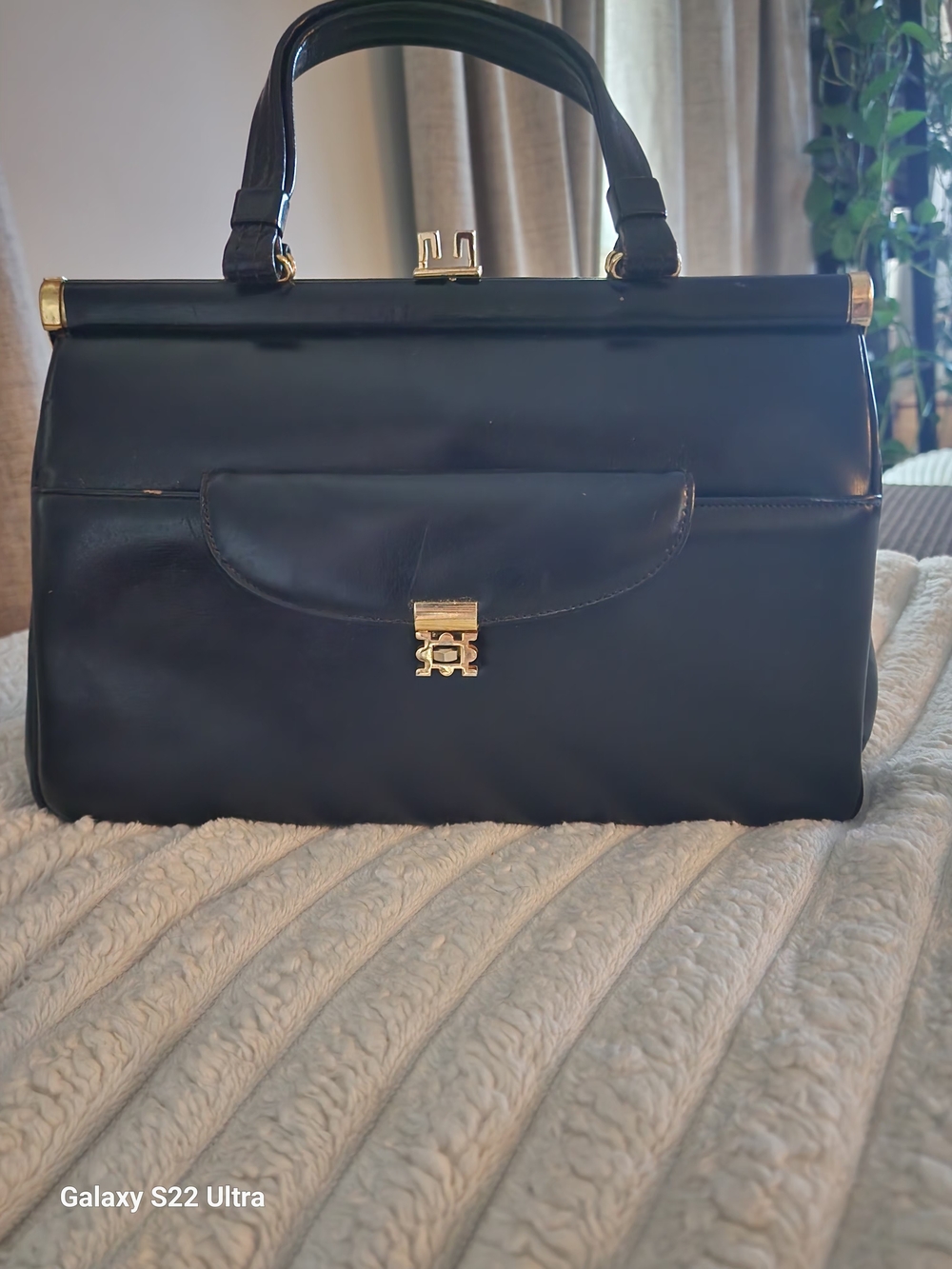 Black Leather Top-Handle Tote with Gold Accent
